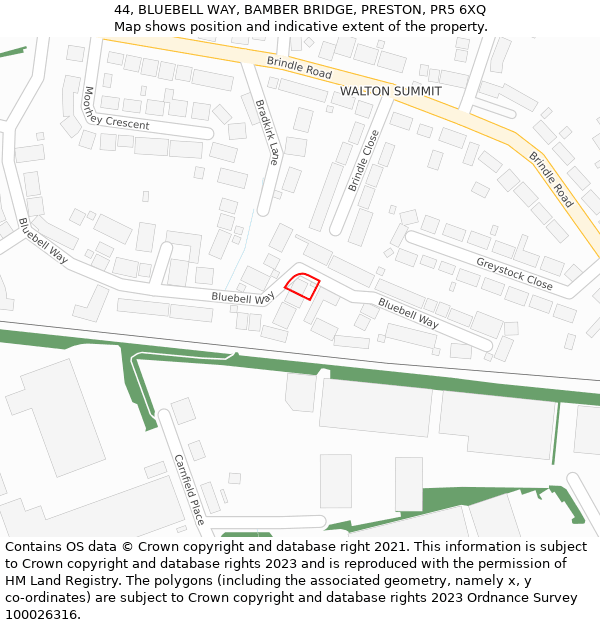 44, BLUEBELL WAY, BAMBER BRIDGE, PRESTON, PR5 6XQ: Location map and indicative extent of plot