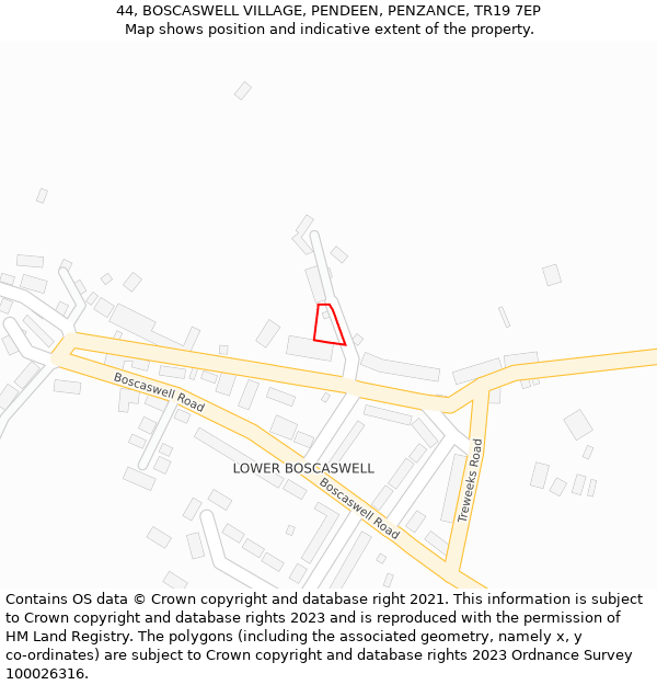 44, BOSCASWELL VILLAGE, PENDEEN, PENZANCE, TR19 7EP: Location map and indicative extent of plot