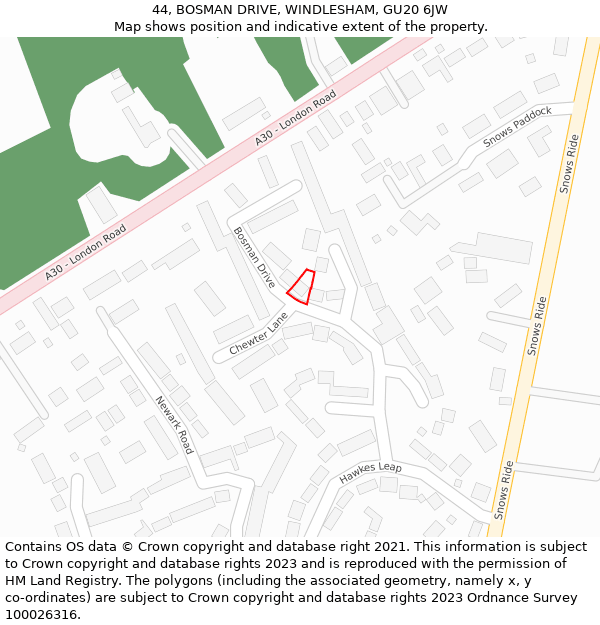 44, BOSMAN DRIVE, WINDLESHAM, GU20 6JW: Location map and indicative extent of plot