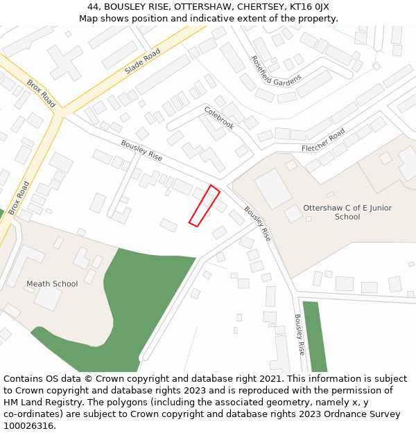 44, BOUSLEY RISE, OTTERSHAW, CHERTSEY, KT16 0JX: Location map and indicative extent of plot