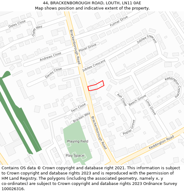 44, BRACKENBOROUGH ROAD, LOUTH, LN11 0AE: Location map and indicative extent of plot