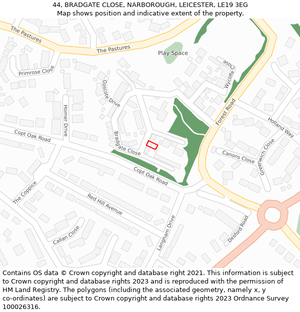 44, BRADGATE CLOSE, NARBOROUGH, LEICESTER, LE19 3EG: Location map and indicative extent of plot