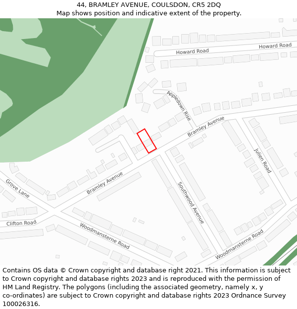 44, BRAMLEY AVENUE, COULSDON, CR5 2DQ: Location map and indicative extent of plot