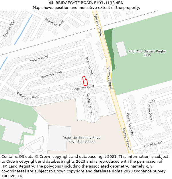 44, BRIDGEGATE ROAD, RHYL, LL18 4BN: Location map and indicative extent of plot