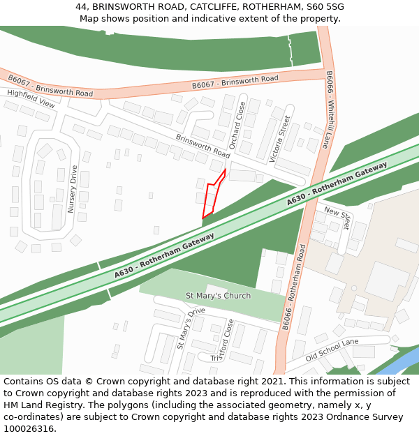 44, BRINSWORTH ROAD, CATCLIFFE, ROTHERHAM, S60 5SG: Location map and indicative extent of plot