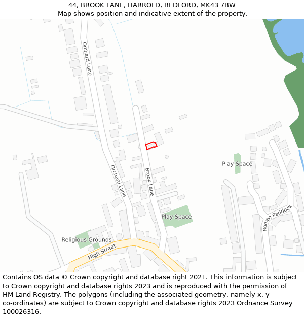 44, BROOK LANE, HARROLD, BEDFORD, MK43 7BW: Location map and indicative extent of plot