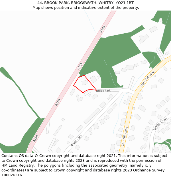 44, BROOK PARK, BRIGGSWATH, WHITBY, YO21 1RT: Location map and indicative extent of plot