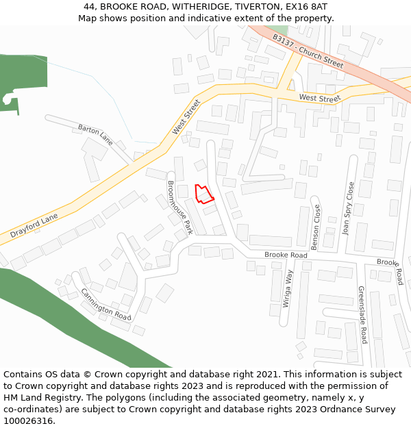 44, BROOKE ROAD, WITHERIDGE, TIVERTON, EX16 8AT: Location map and indicative extent of plot
