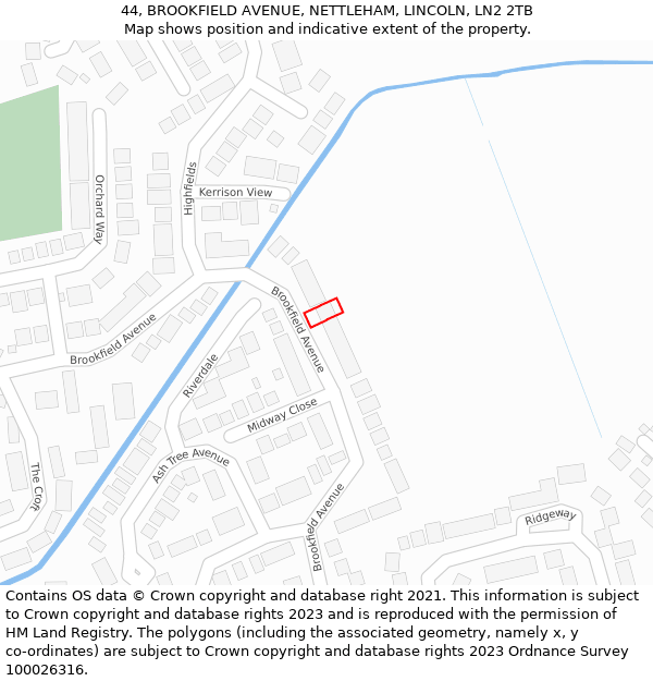 44, BROOKFIELD AVENUE, NETTLEHAM, LINCOLN, LN2 2TB: Location map and indicative extent of plot