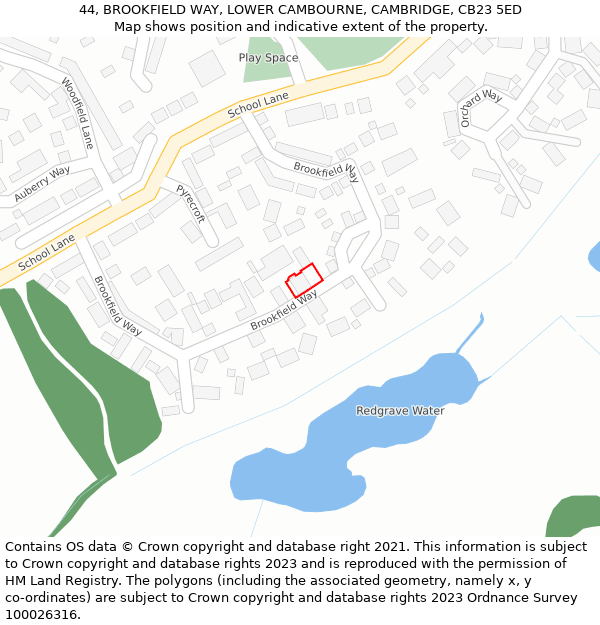 44, BROOKFIELD WAY, LOWER CAMBOURNE, CAMBRIDGE, CB23 5ED: Location map and indicative extent of plot