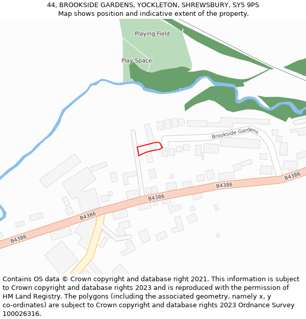 44, BROOKSIDE GARDENS, YOCKLETON, SHREWSBURY, SY5 9PS: Location map and indicative extent of plot