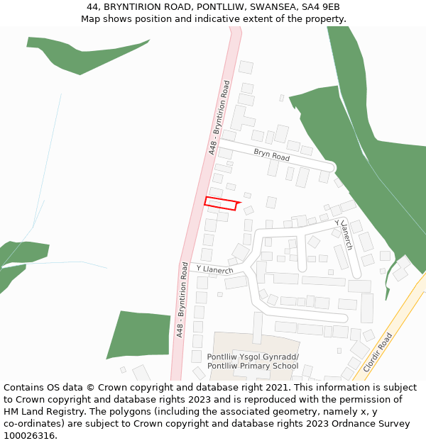 44, BRYNTIRION ROAD, PONTLLIW, SWANSEA, SA4 9EB: Location map and indicative extent of plot
