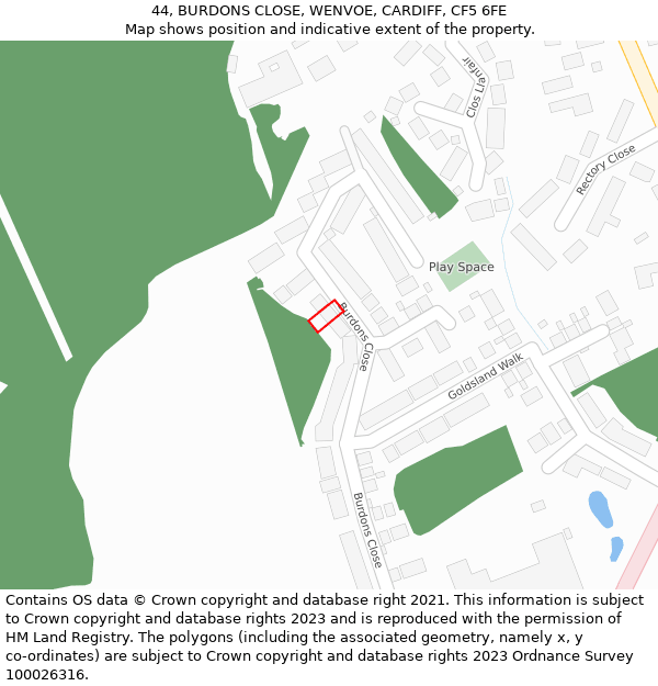 44, BURDONS CLOSE, WENVOE, CARDIFF, CF5 6FE: Location map and indicative extent of plot