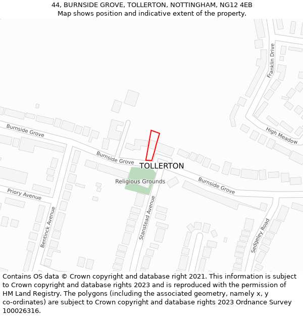 44, BURNSIDE GROVE, TOLLERTON, NOTTINGHAM, NG12 4EB: Location map and indicative extent of plot