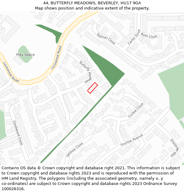 44, BUTTERFLY MEADOWS, BEVERLEY, HU17 9GA: Location map and indicative extent of plot