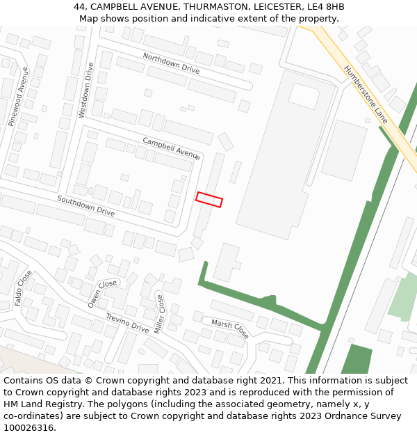 44, CAMPBELL AVENUE, THURMASTON, LEICESTER, LE4 8HB: Location map and indicative extent of plot