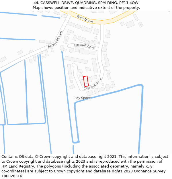 44, CASSWELL DRIVE, QUADRING, SPALDING, PE11 4QW: Location map and indicative extent of plot