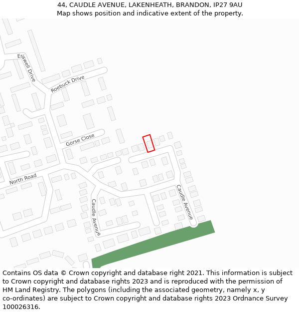 44, CAUDLE AVENUE, LAKENHEATH, BRANDON, IP27 9AU: Location map and indicative extent of plot