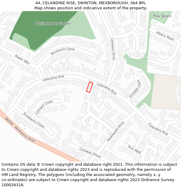 44, CELANDINE RISE, SWINTON, MEXBOROUGH, S64 8PL: Location map and indicative extent of plot