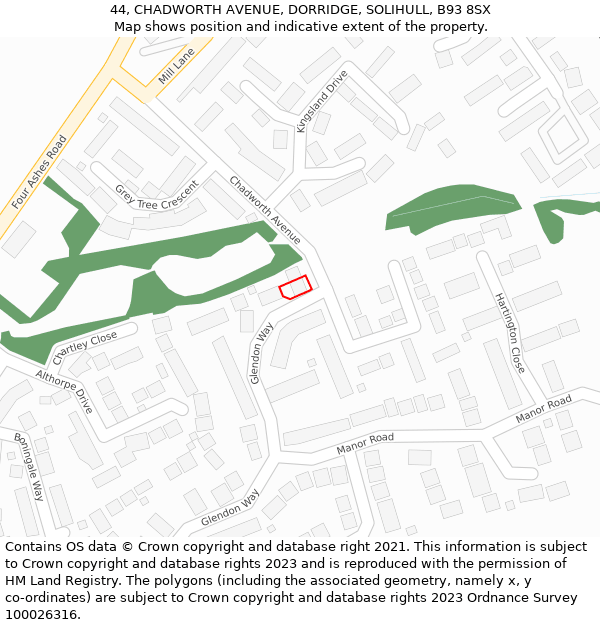 44, CHADWORTH AVENUE, DORRIDGE, SOLIHULL, B93 8SX: Location map and indicative extent of plot