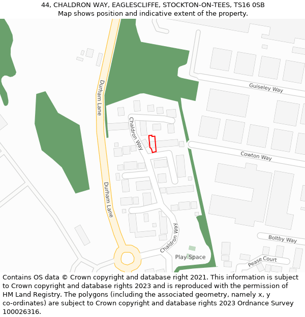 44, CHALDRON WAY, EAGLESCLIFFE, STOCKTON-ON-TEES, TS16 0SB: Location map and indicative extent of plot