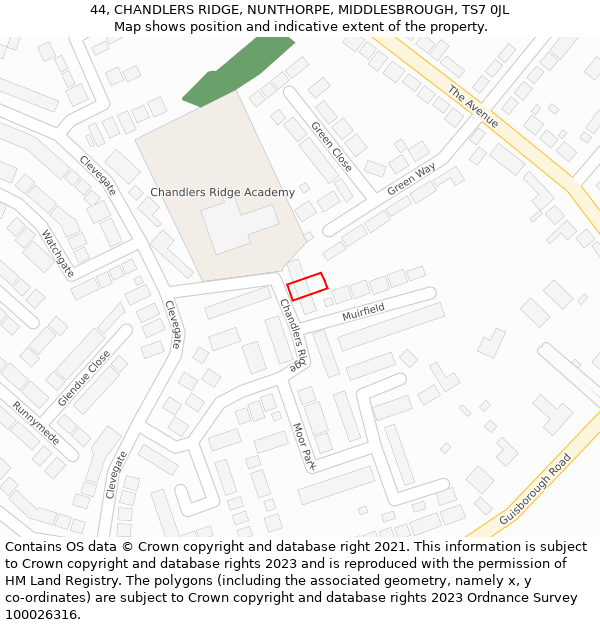 44, CHANDLERS RIDGE, NUNTHORPE, MIDDLESBROUGH, TS7 0JL: Location map and indicative extent of plot