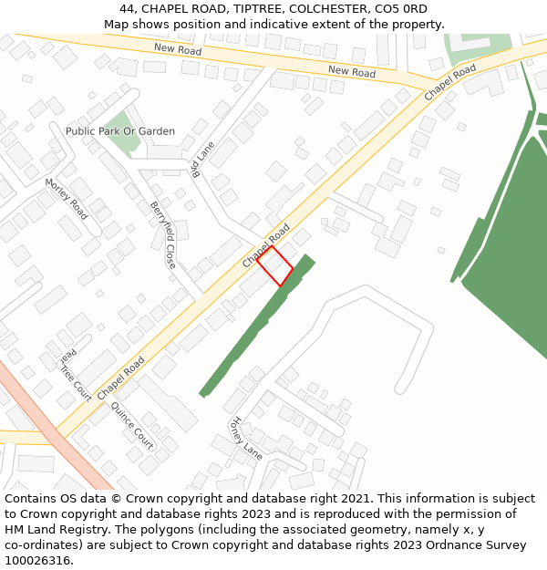 44, CHAPEL ROAD, TIPTREE, COLCHESTER, CO5 0RD: Location map and indicative extent of plot