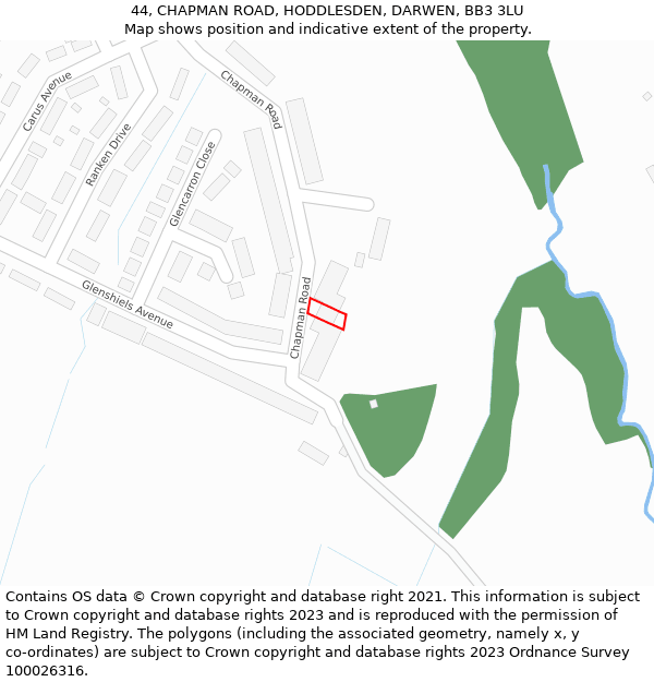44, CHAPMAN ROAD, HODDLESDEN, DARWEN, BB3 3LU: Location map and indicative extent of plot