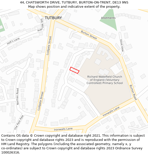 44, CHATSWORTH DRIVE, TUTBURY, BURTON-ON-TRENT, DE13 9NS: Location map and indicative extent of plot