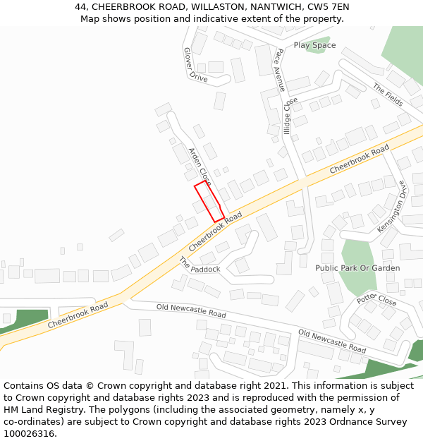 44, CHEERBROOK ROAD, WILLASTON, NANTWICH, CW5 7EN: Location map and indicative extent of plot