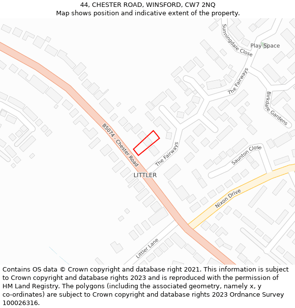 44, CHESTER ROAD, WINSFORD, CW7 2NQ: Location map and indicative extent of plot