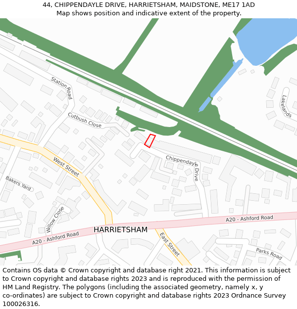 44, CHIPPENDAYLE DRIVE, HARRIETSHAM, MAIDSTONE, ME17 1AD: Location map and indicative extent of plot