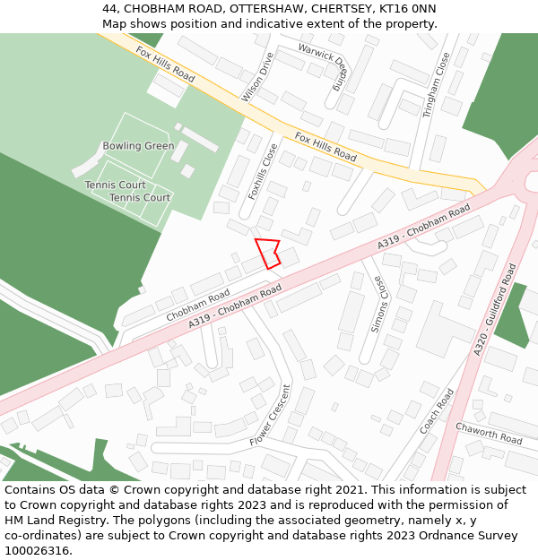 44, CHOBHAM ROAD, OTTERSHAW, CHERTSEY, KT16 0NN: Location map and indicative extent of plot