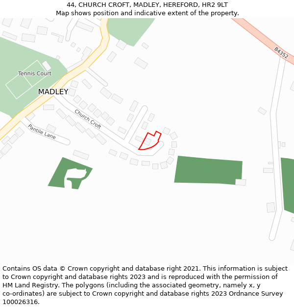 44, CHURCH CROFT, MADLEY, HEREFORD, HR2 9LT: Location map and indicative extent of plot