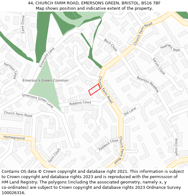 44, CHURCH FARM ROAD, EMERSONS GREEN, BRISTOL, BS16 7BF: Location map and indicative extent of plot