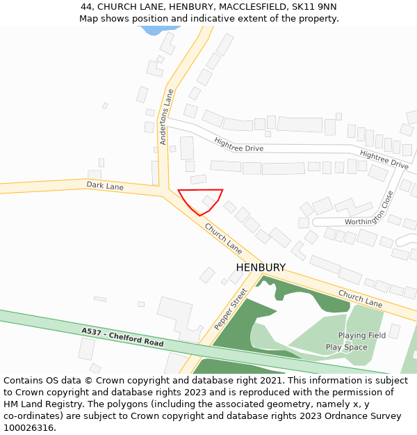 44, CHURCH LANE, HENBURY, MACCLESFIELD, SK11 9NN: Location map and indicative extent of plot