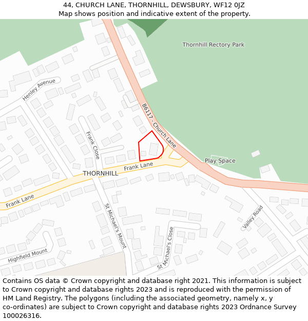 44, CHURCH LANE, THORNHILL, DEWSBURY, WF12 0JZ: Location map and indicative extent of plot