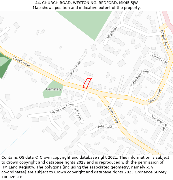 44, CHURCH ROAD, WESTONING, BEDFORD, MK45 5JW: Location map and indicative extent of plot