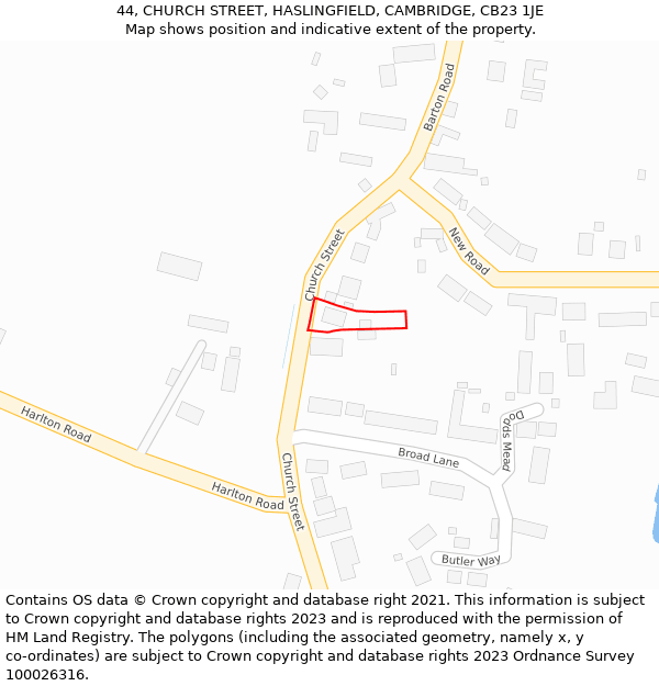 44, CHURCH STREET, HASLINGFIELD, CAMBRIDGE, CB23 1JE: Location map and indicative extent of plot