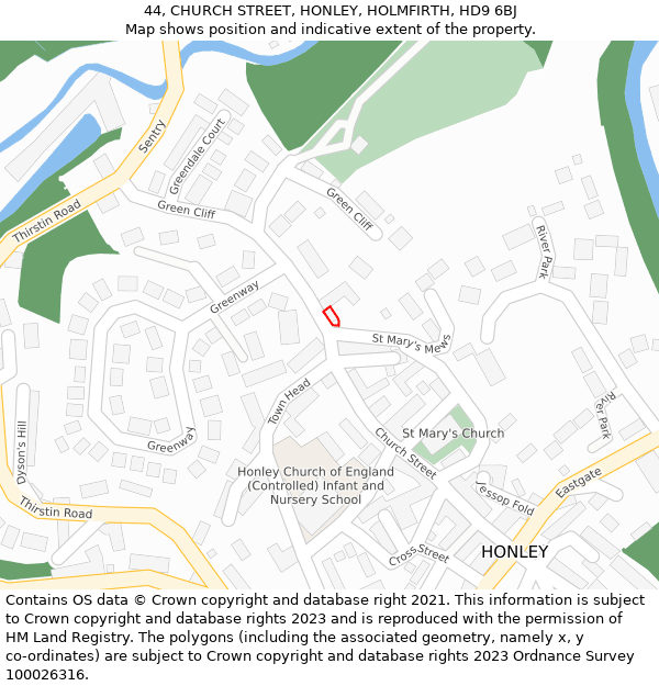 44, CHURCH STREET, HONLEY, HOLMFIRTH, HD9 6BJ: Location map and indicative extent of plot