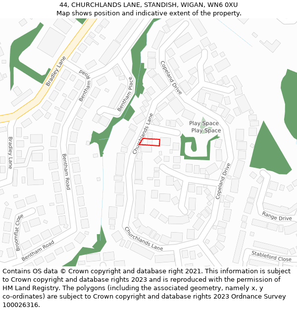 44, CHURCHLANDS LANE, STANDISH, WIGAN, WN6 0XU: Location map and indicative extent of plot