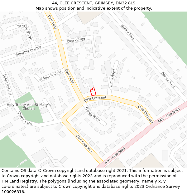 44, CLEE CRESCENT, GRIMSBY, DN32 8LS: Location map and indicative extent of plot