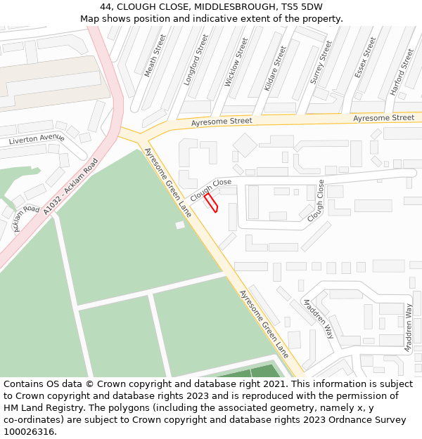 44, CLOUGH CLOSE, MIDDLESBROUGH, TS5 5DW: Location map and indicative extent of plot