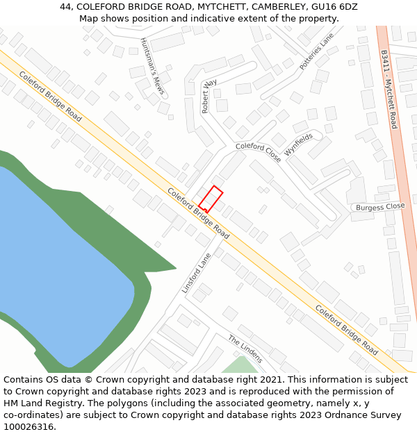 44, COLEFORD BRIDGE ROAD, MYTCHETT, CAMBERLEY, GU16 6DZ: Location map and indicative extent of plot