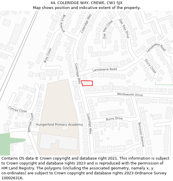 44, COLERIDGE WAY, CREWE, CW1 5JX: Location map and indicative extent of plot