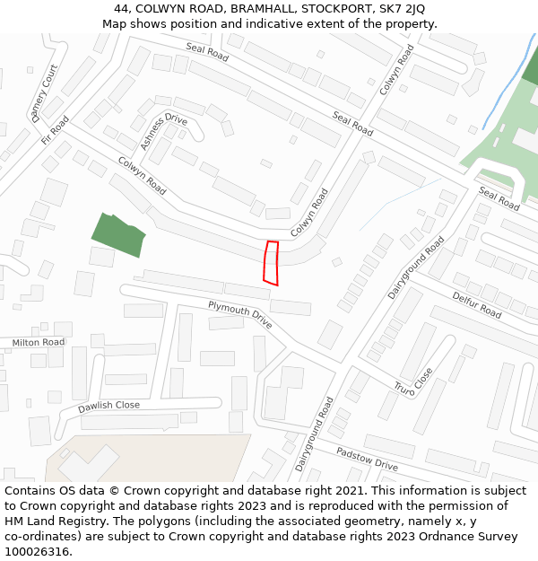 44, COLWYN ROAD, BRAMHALL, STOCKPORT, SK7 2JQ: Location map and indicative extent of plot