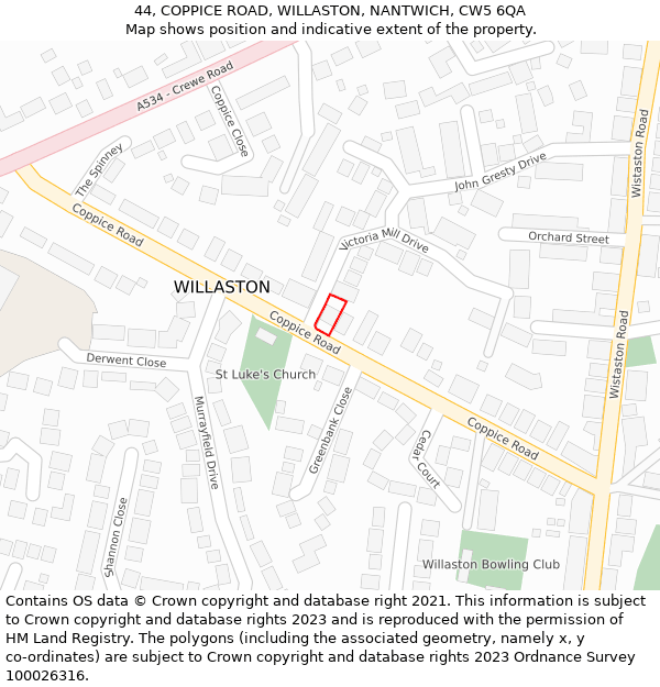 44, COPPICE ROAD, WILLASTON, NANTWICH, CW5 6QA: Location map and indicative extent of plot