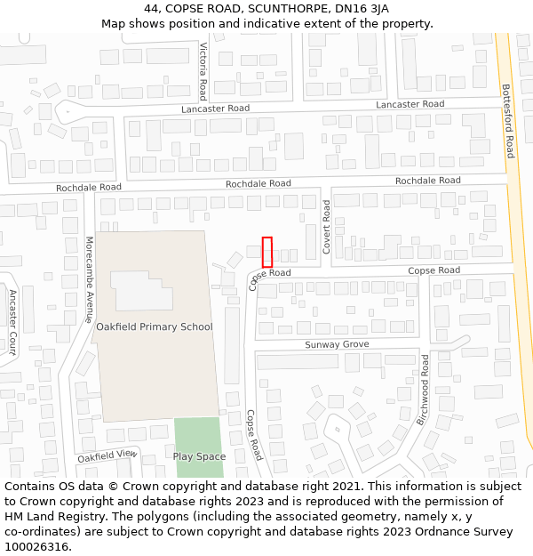 44, COPSE ROAD, SCUNTHORPE, DN16 3JA: Location map and indicative extent of plot