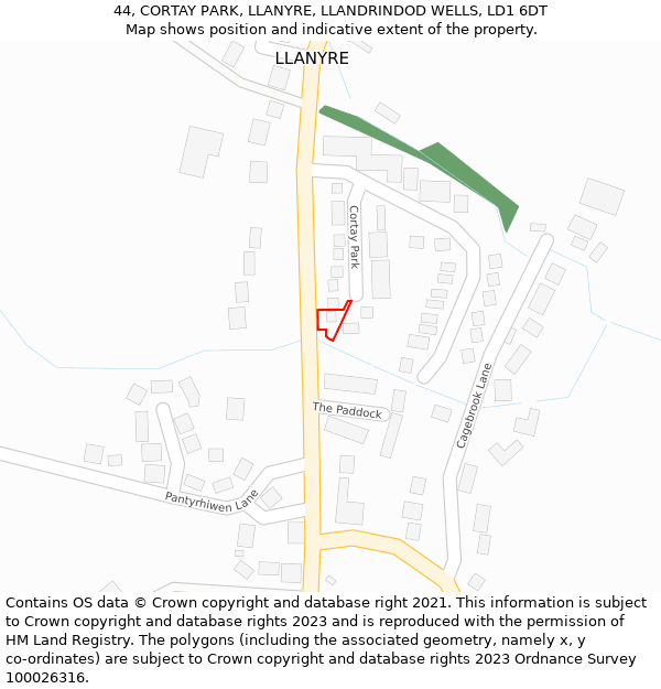 44, CORTAY PARK, LLANYRE, LLANDRINDOD WELLS, LD1 6DT: Location map and indicative extent of plot