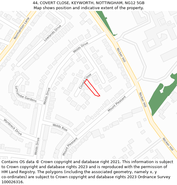 44, COVERT CLOSE, KEYWORTH, NOTTINGHAM, NG12 5GB: Location map and indicative extent of plot